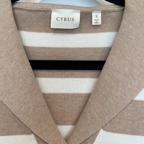 Cyrus Beige & Ivory Striped Sweater – Size S Wool Blend Johnny Collar Pullover - Picture 2 of 3